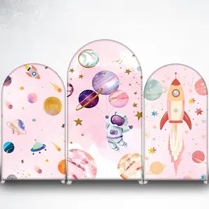 Pink Astronaut with Planets Arch Backdrop Cover for Girls Space Birthday