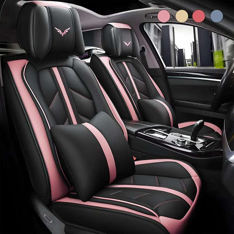 OTOEZ Black Pink PU Leather Car Seat Cover Full Set for Most Cars SUVs Waterproof Auto Cushion Protector with Storage Pockets Easy Installation