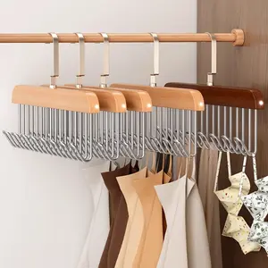 3pcs Wooden With 8 Hooks, Space Saving Multipurpose Heavy Duty 360° Rotating Wardrobe Storage Organizer for Tank Tops, Swimwear, Bras, Scarves, Hats, Belts, Ideal Home Furnishings, Vintage Wooden Hangers