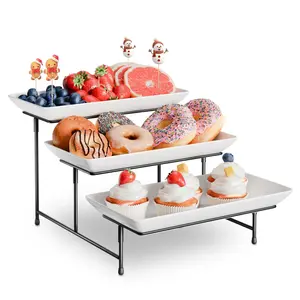 3 Tier Plastic Serving Tray for Party, 11.5" x 5.6" Platters for Serving Food, Microwave-Safe, White Reusable Trays with Black Metal Display Stand for Cupcakes, Sevring Food, Dessert, Fruit, Black