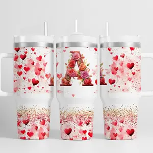 1 pc 40oz Valentine’s Day Letter Tumbler, Rose Floral Initial Stainless Steel Travel Mug with Handle and Straw, Red Heart & Gold Glitter Print, Double Wall Insulated Cup for Hot & Cold Drinks, Romantic Gift for Women, Wife, Girlfriend & Daily Use