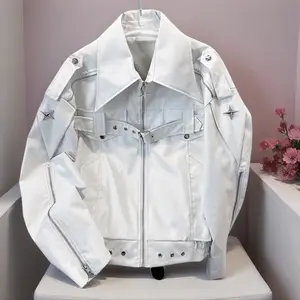 Men's Functional Style Star Studded Jacket with Multi-Zipper Tie Design Collar - Loose Fit Black and White Colorblock Streetwear Top