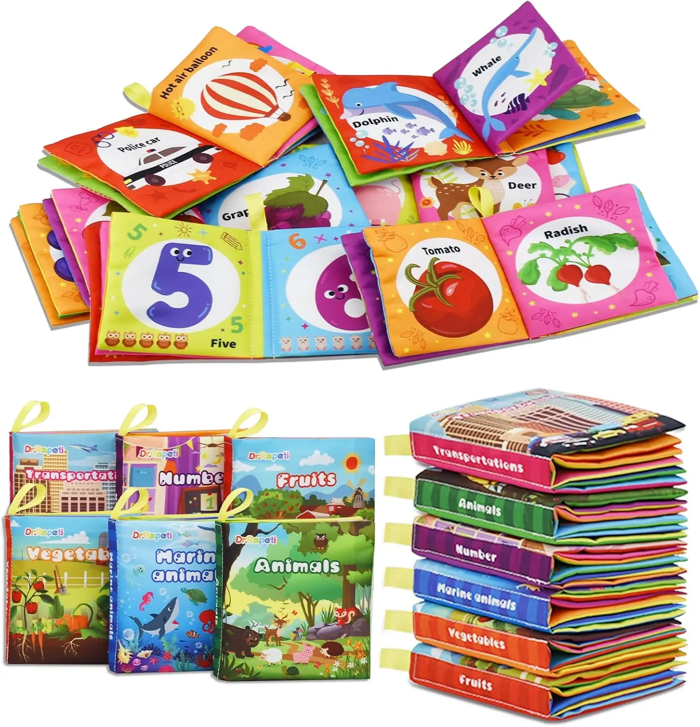 Dr.Rapeti Soft Cloth Books Baby Books Bath Books 6-Pack for Baby Infant Toddler Kids Crinkle Squeaky Washable Chewable Non-Toxic Early Educational Giftable