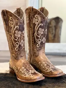 Matilda Heiser 072 Women's Heiser Gold Leather Boots with Flower Design Stacked Heel & Handcrafted Shoes