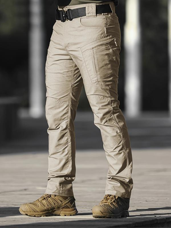 Men's Tactical Work Pants with Zipper Pockets, Plain Design, Durable Fabric, Casual Outdoor Hiking & Construction, Adjustable Waist