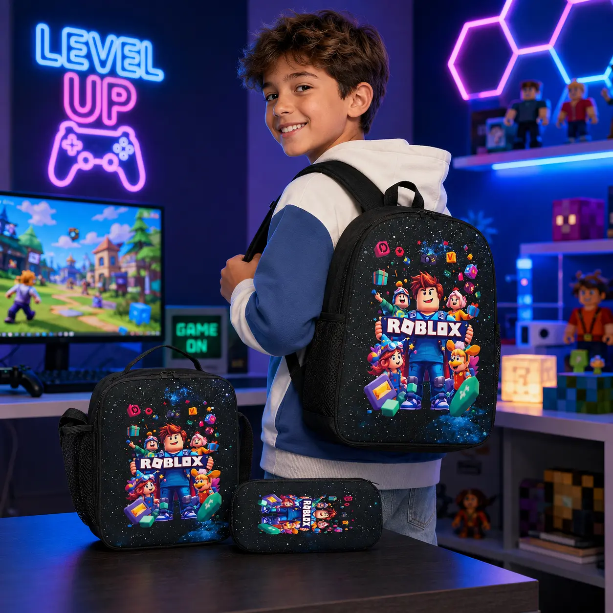 Game Backpack 3PCS Roblox Backpack Daypack Gaming Shoulder Bag Leisure Travel Adjustable Strap Backpacks 17.3in