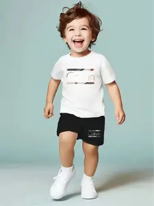 Short Sleeve Shorts Set, Clothing Sets, Street Fashion Casual Style, British Letter Pattern Print, Summer Outdoor Wear, Polyester Fiber, Ages 2-12