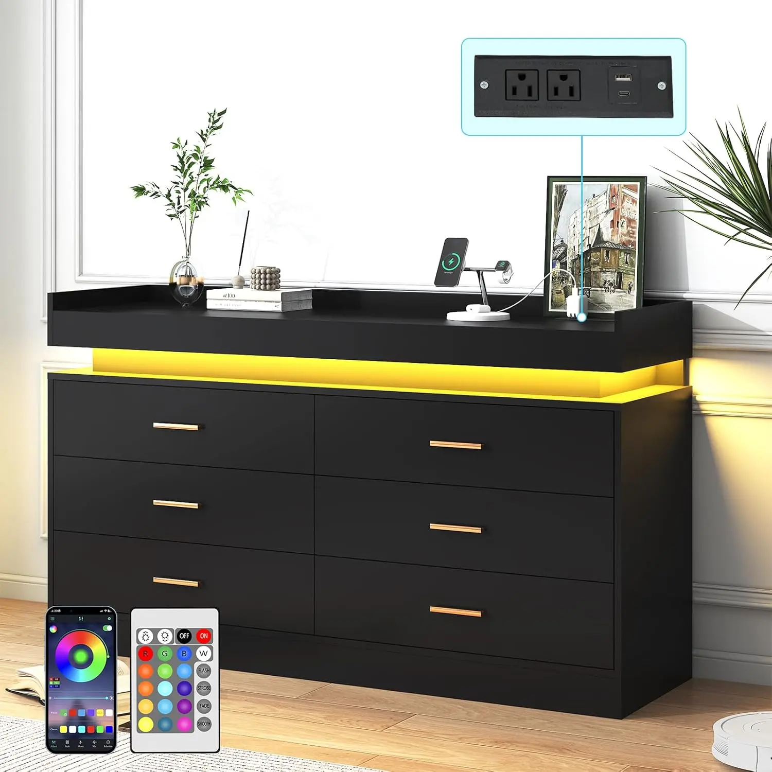 blue dress for baby girl Unikito Dresser for Bedroom, 4 Drawers Dresser with LED Lights and Built-In Power Outlets Black main image 0