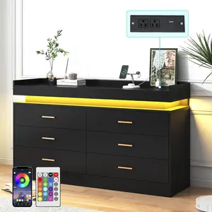 6 Drawer Dresser with LED Light, Modern Chest of Drawers for Closet, Wide Drawer Organizer Cabinet for Bedroom, Living Room, Entryway, Hallway, White/Black