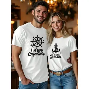 1pc Matching Couples T-Shirts for Him & Her - "I'm His Anchor" & "I'm Her Captain" Nautical Couple Tees, 100% Preshrunk Cotton, Double-Needle Stitched Neckline, Short Sleeve Shirts for Date Night, Anniversary, Everyday Matching Outfits