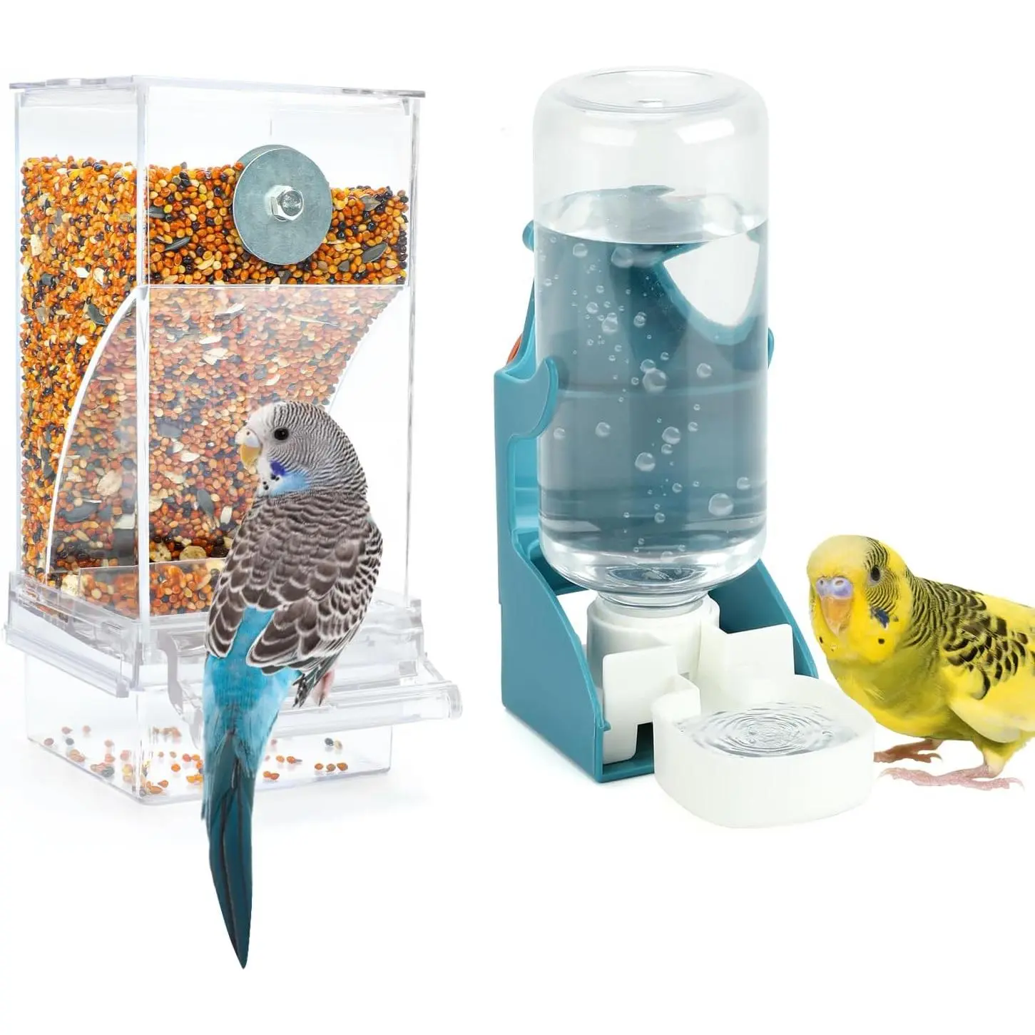 No Mess Bird Water Feeder Dispenser Set Automatic Bird Feeder Transparent Food Container Cage Acrylic Parrot Feeders Accessories for Small Birds Parrot Cockatoo Canary