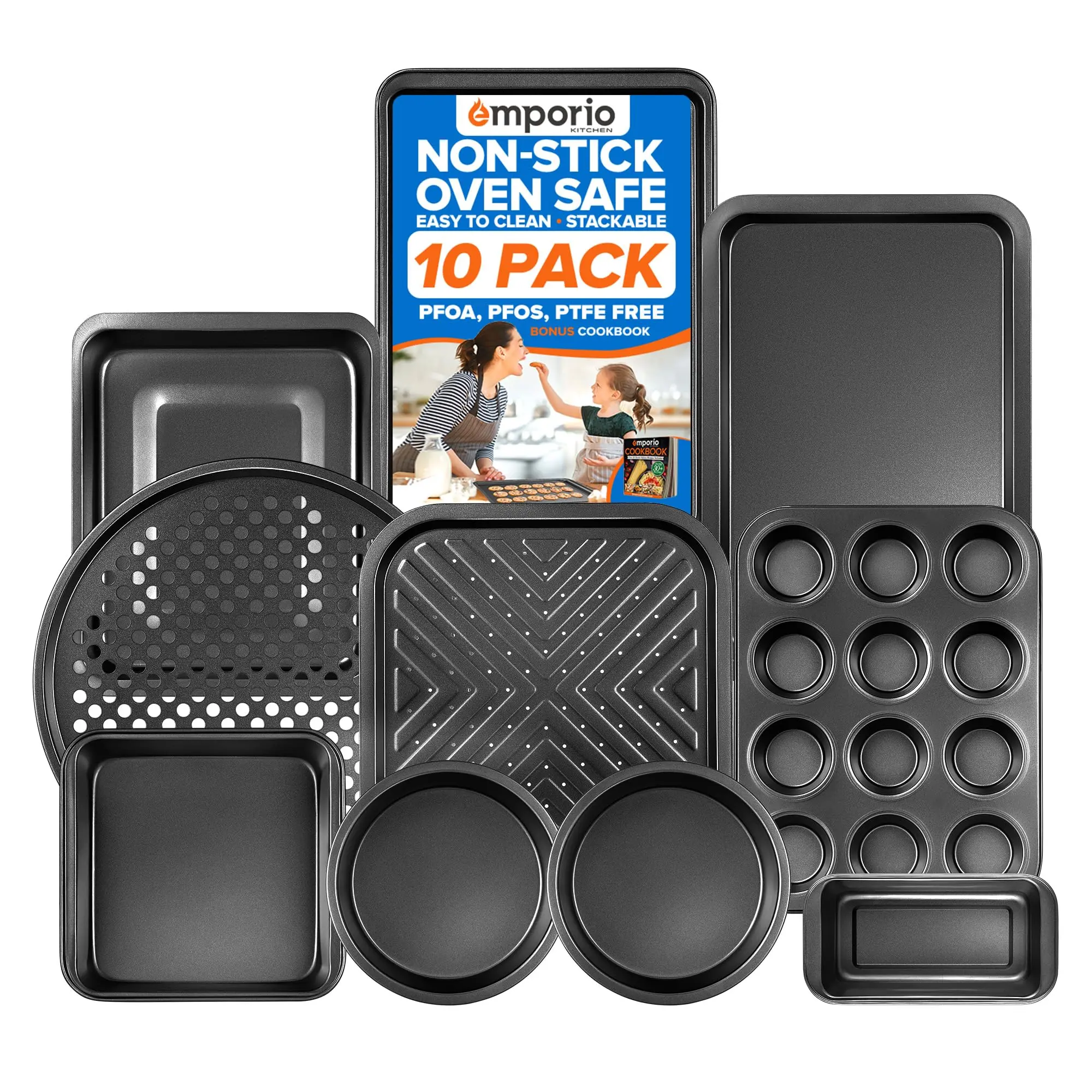 Emporio Kitchen Stackable Baking Pan Set - Nonstick Gray Coating, Carbon Steel Bakeware Sets, PFOA, PFOS, PTFE Free, Recipe Booklet Included, Oven Safe Tray (Up To 450° F), Set of 10 - Black