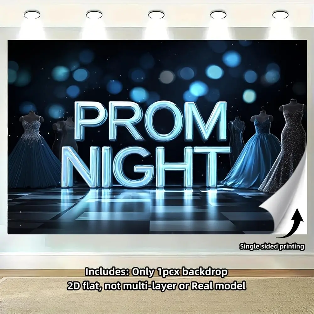 1pc Durable Polyester 2D Flat Backdrop Banner, "Prom Night" Text with Dance Floor Background, Gowns & Lights Accents, Blue-Silvery Color Scheme, Home Decor & Room Decor Textile Soft Furnishing