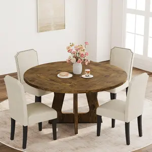47 in Round Large Dining Table Set for 4 to 6, Farmhouse Dinner Table with Wooden Top and Legs for Home Dining Room or Living Room - Reddish Brown (No Chairs)