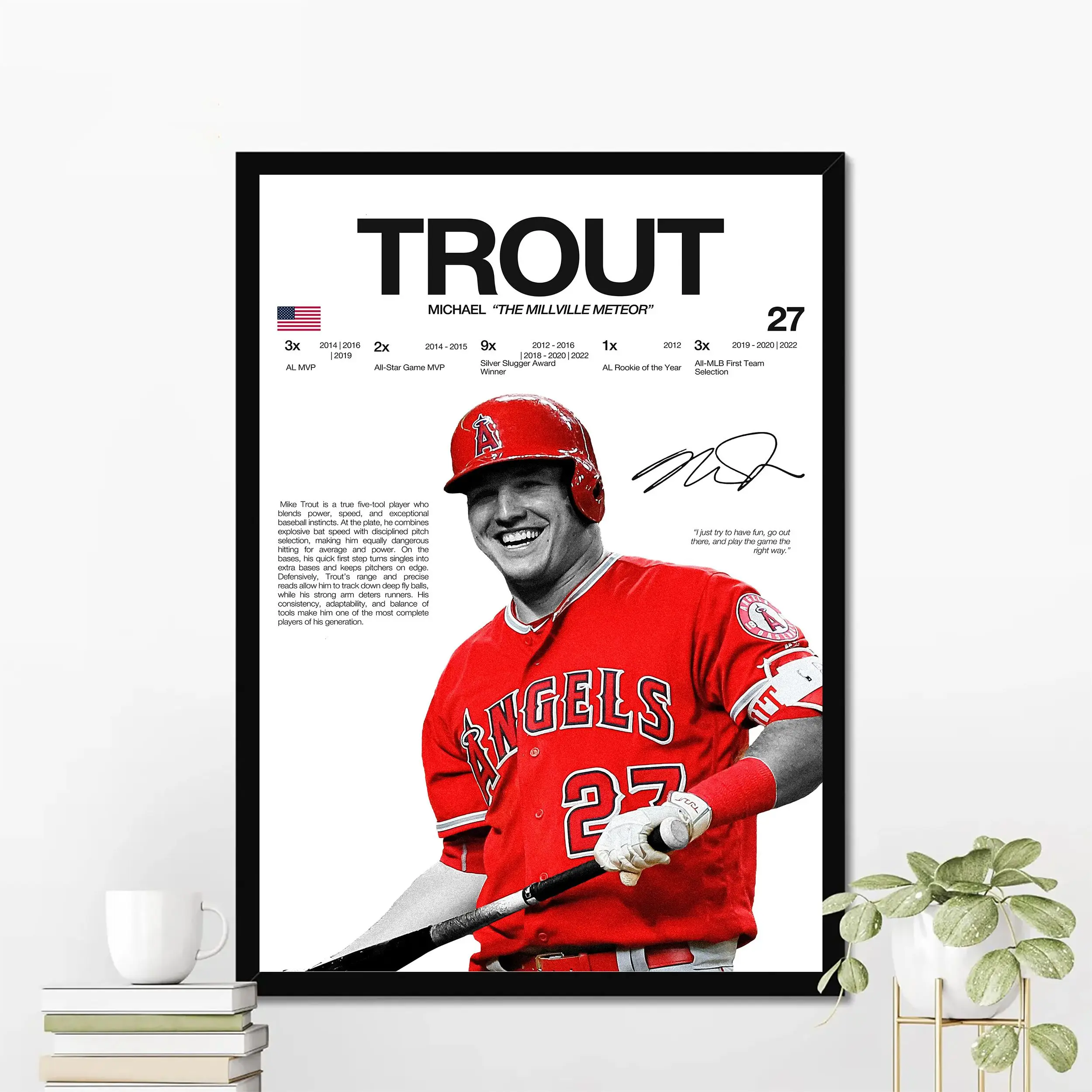Mike Trout Anaheim Baseball Poster | Hardline Series Wall Art | Aesthetic Game Day Decor | Sports Fan Gift
