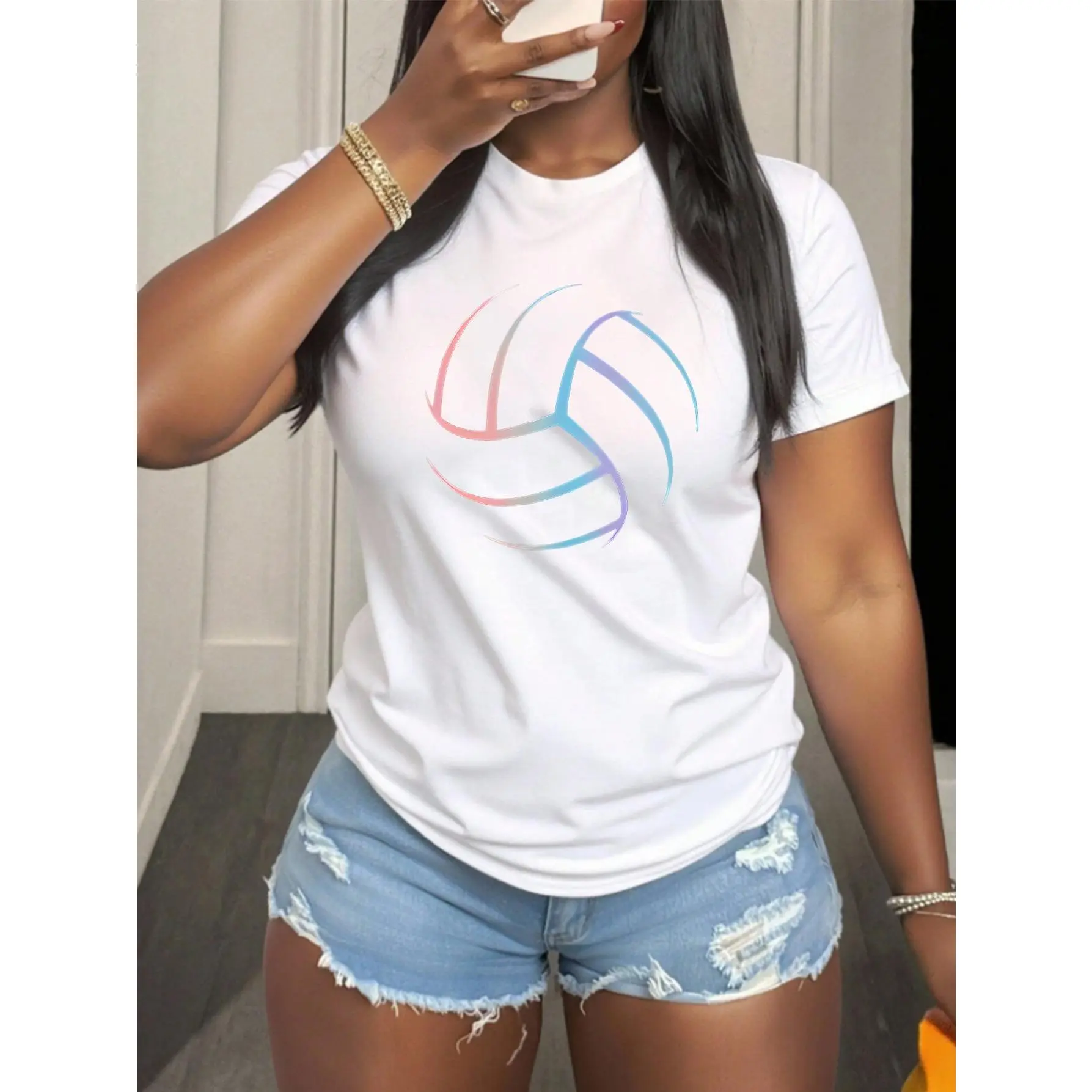 Women's Short-Sleeve Round Neck Cotton Volleyball Print T-Shirt - Soft, Stretchy, Casual Streetwear Top for Volleyball Practice, Game Day Outfits, Shortsleeve, Tshirt, Women's Clothes, Breathable Fabric, Tee, Graphic, Preppy