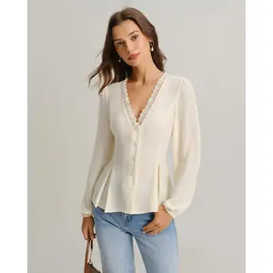 RIHOAS Women's Elegant Plain Apricot V-Neck Lace Lantern Long-Sleeve Polyester Fabric Top, Women's Blouse