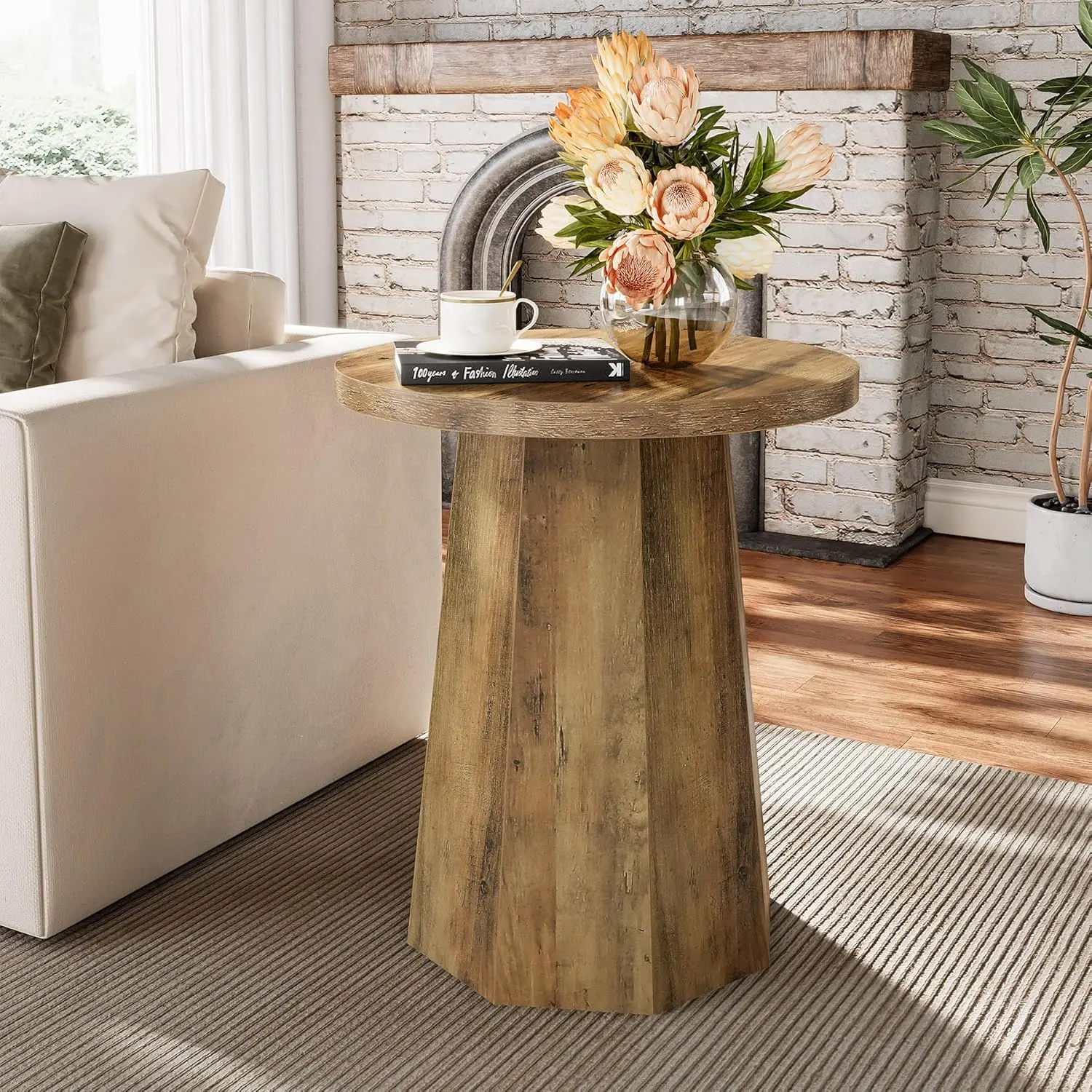 LITTLE TREE Farmhouse Round End Table, Wooden Couch Side Table with Octagonal Base, Rustic Brown Nightstand Pedestal Accent Furniture for Living Room, Bedroom