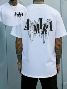 AMIRIs Chain Drip Letter Y2K T-Shirt Double Sided Printed (220g 100% Cotton T-Shirt), Summer Clothes, Men's Tops, Casual And Comfortable, Fashionable Graphic Tee, Unisex Style Men's T-Shirt
