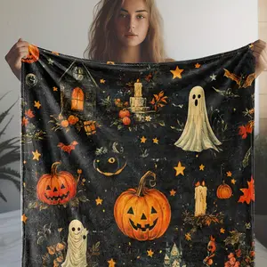 Vintage Halloween Flannel Throw Blanket – Cozy Soft Ghost And Pumpkin Print, Ideal For Couch, Bed, Office, Travel, Seasonal Gift – All-Season, Knitted, Digital Print, Polyester, 280Gsm