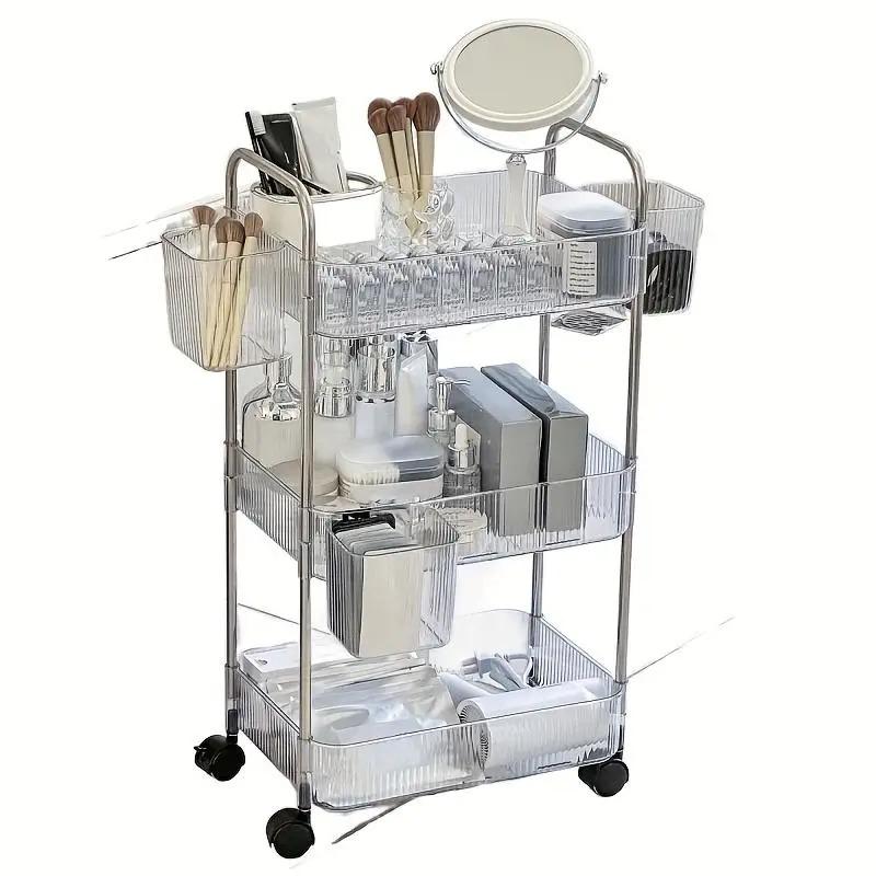 Portable 3-Tier Rolling Acrylic Makeup Cart Transparent Multi-Layer Storage Organizer for Bathroom Living Room