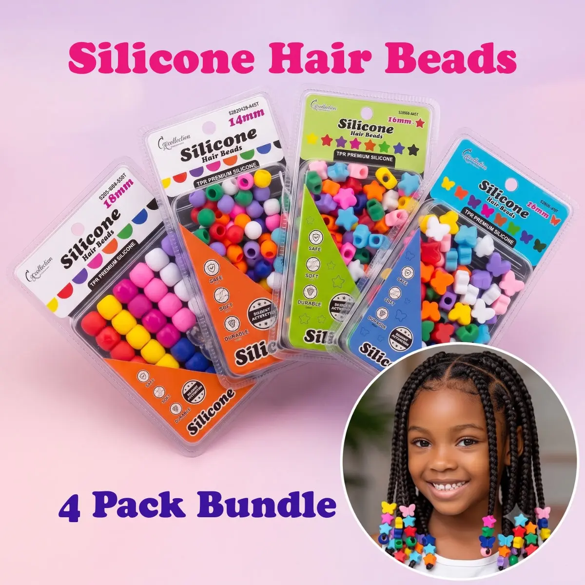 Silicone Hair Beads 4 Pack Variety Bundle (300+ PCS) – Stars, Butterflies, Small & Large Round | Soft, Noiseless & Painless Braiding Accessories for Girls & Women