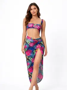 Tropical Print Bikini & Sarong Skirt Set - Sexy Cut Out Beach Vacation Outfit with Vibrant Floral Design & High-Slit Sarong for Summer Outings