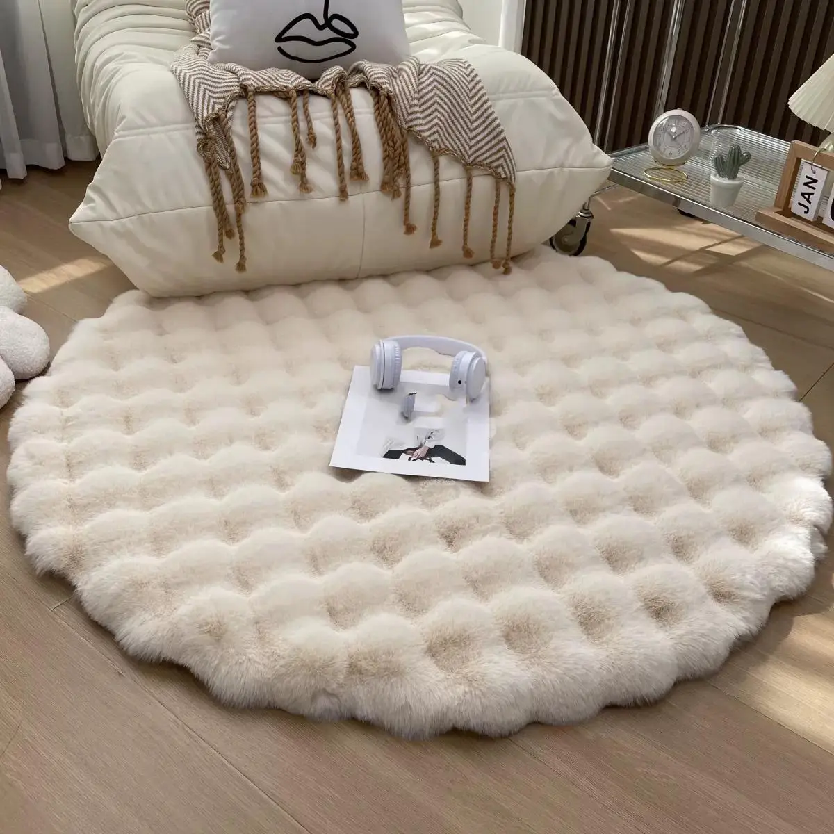 Round Faux Rabbit Fur Rug, Non-slip Soft Fluffy Floor Mat, Decorative Carpet for Home Living Room Bedroom, Room Decor, Home Decor