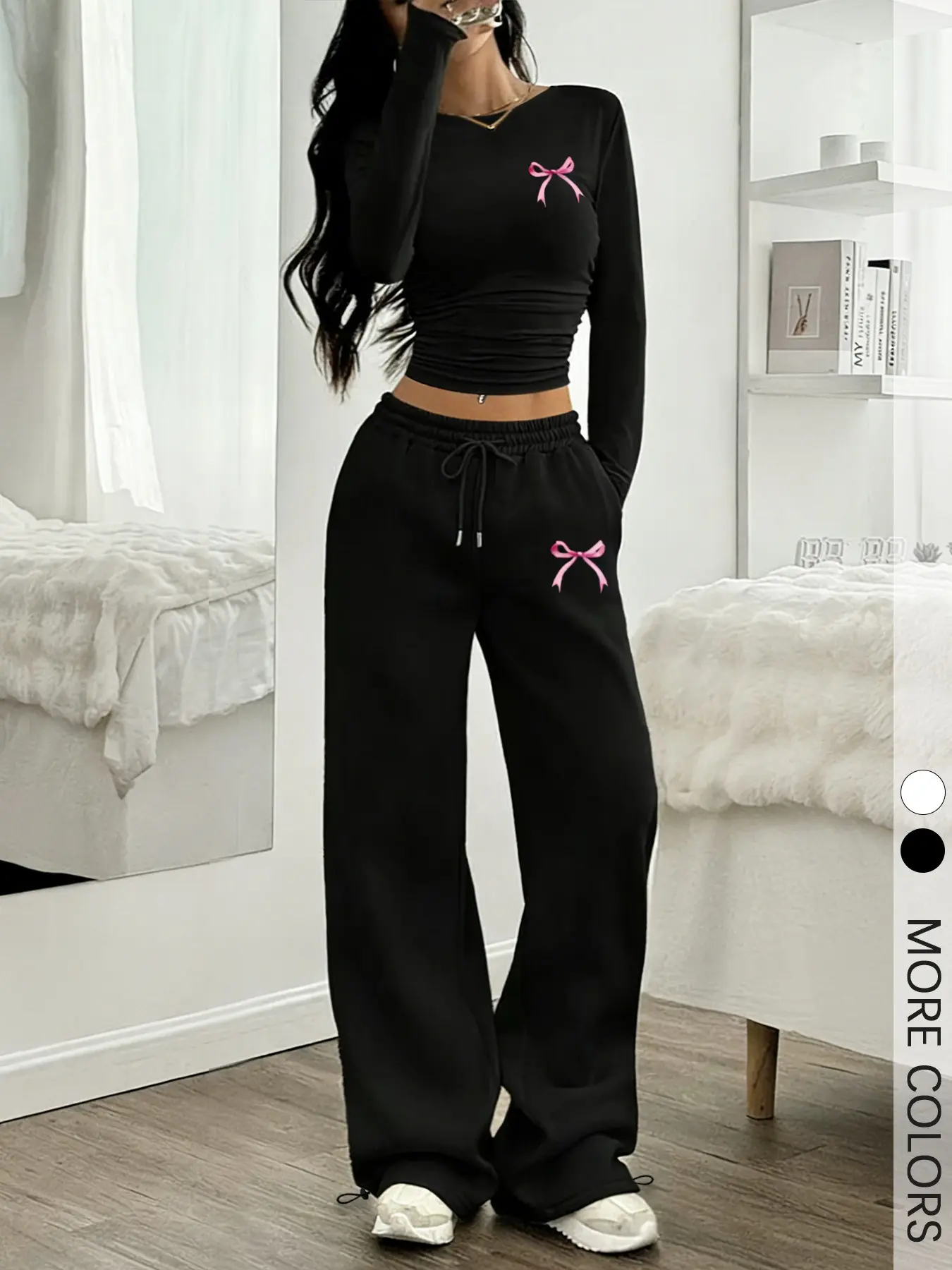 Women's 2-Piece Pink Bow Co-ord Set, Long Sleeve Top & Wide Leg Pants for Casual Matching Sleepwear Pajama Loungewear Nightwear Pjs