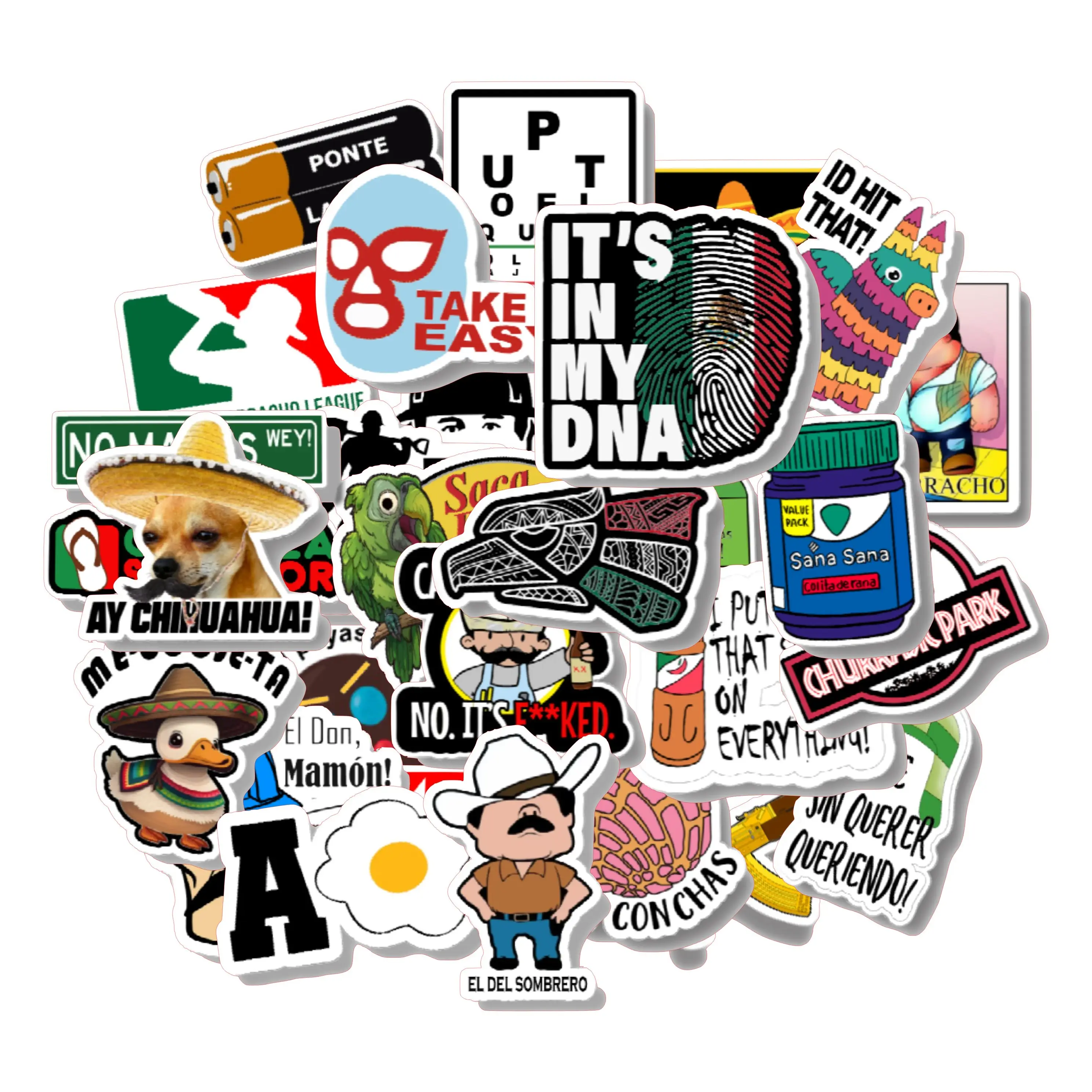 Mexican Themed Parody Sticker Pack - 30 Durable 3mm Stickers, All-Season & Dishwasher Safe Decorative Decor Set Vinyl Tiles Sticker Ornaments Multico