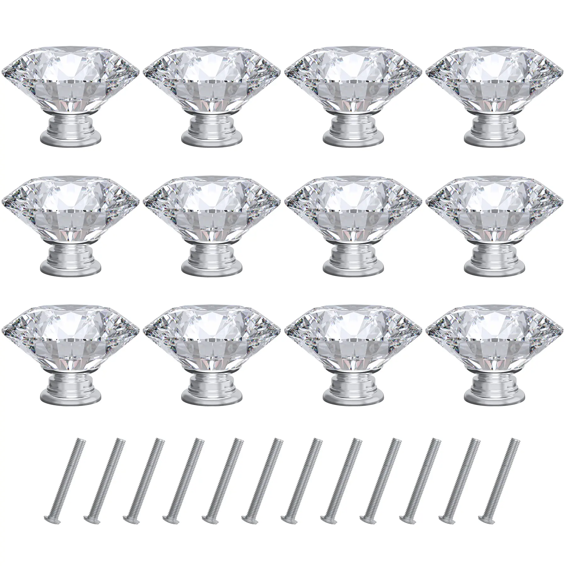 [12 PCS] 40mm Crystal Clear Glass Cabinet Drawer Pulls, Diamond Shape Cupboard Knobs with Screws for Kitchen, Dresser, Cupboard, Bathroom, Wardrobe