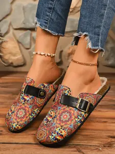 Women's Colorful Geometric Print Slip - On Clog Mules, Adjustable Buckle Strap, Faux Fur - Lined Comfortable Indoor & Outdoor Bohemian - Style House Slippers, Trendy All - Season Casual Footwear