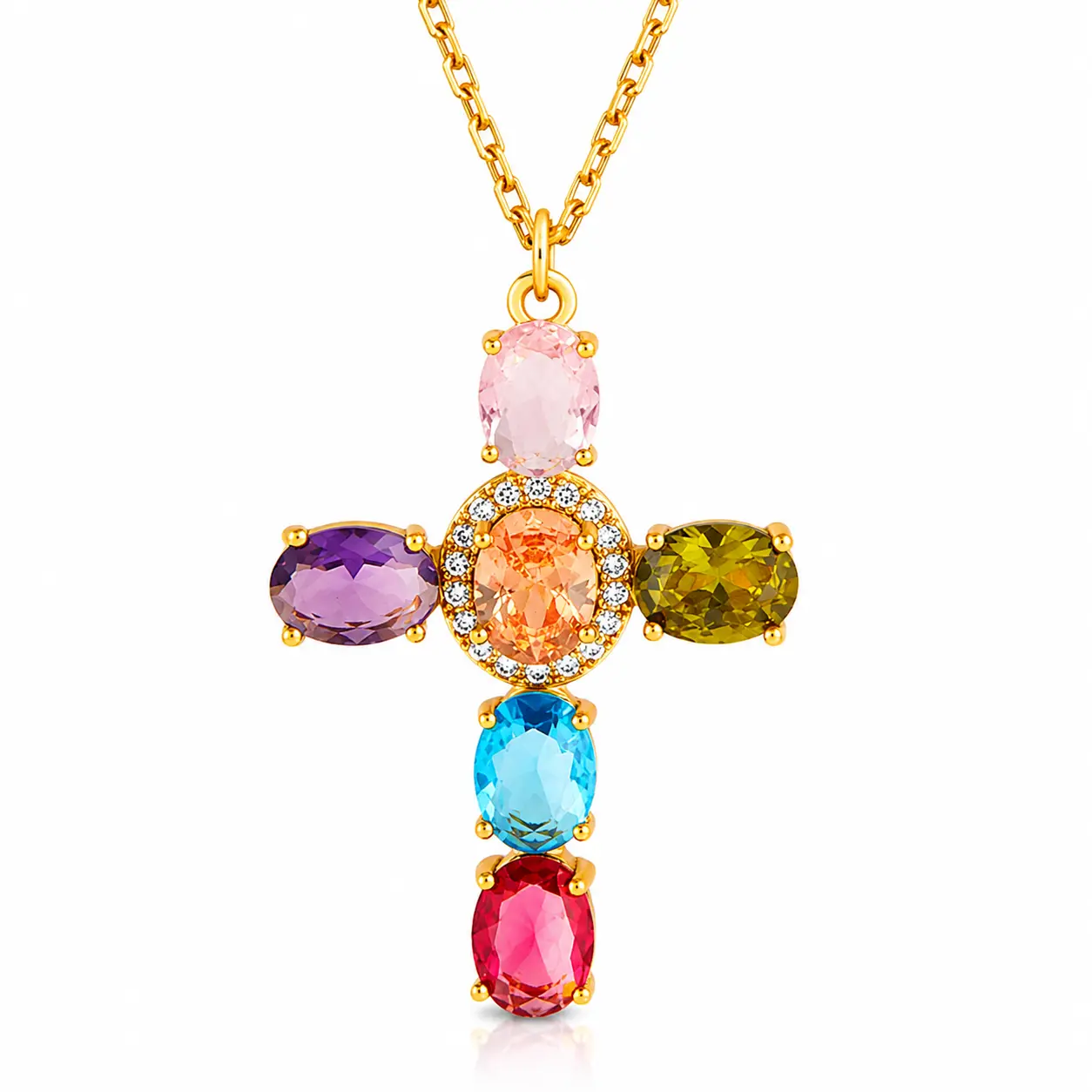 Rainbow Cross Pendant Necklace, Colorful Sparkling Rhinestone Charm Necklace, Exquisite Cross Pendant Necklace, Women's Jewelry