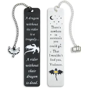 Dragon Metal Bookmarks - Set of 2 Engraved Fantasy Bookmark with Charms, Cool Bookmarks for Women and Men, Bookish Quotes Gifts for Readers, Magical Academy Book Accessories (Style 1)