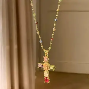 NUARIE Rainbow Zircon Cross Necklace with Multicolor Gemstone Decoration Premium Gift Box for Holiday Gifting Sweet Edgy Aesthetic Unique Layering Chain for Party Date Gift Fashionable Daily Wear Trendy Aesthetic