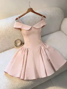 Elegant Beach Vacation Style Plain Shoulder-Exposed Collar Slim Fit A-Line Dress, Mini Dress, Spring Summer Cocktail Party Gown, Women's Festival Dress