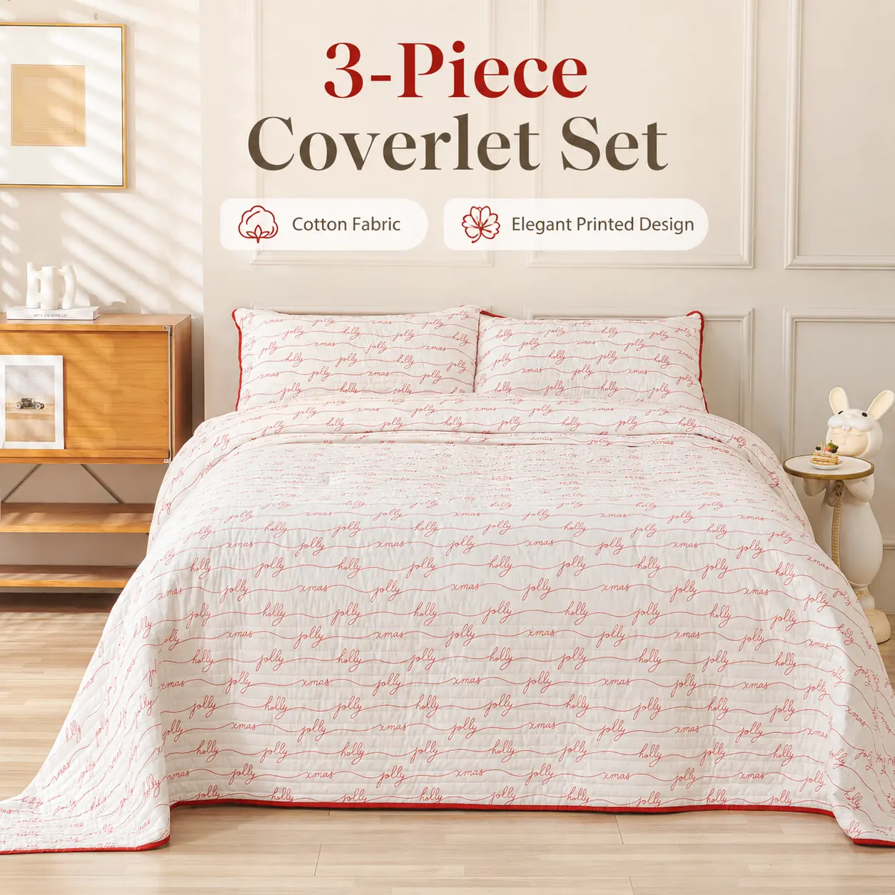 3-Piece Christmas Quilt Coverlet Set 100% Cotton Bedspread with 2 Pillow Shams Red Jolly Xmas Holiday Bedding Elegant Printed Design