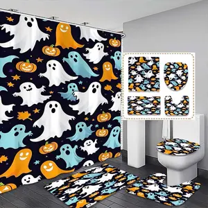 Halloween Cartoon Ghost & Pumpkin Shower Curtain Set, Includes 12 Hooks, Bath Mat, Toilet Lid Cover, U-Shaped Pad, Ideal Gift