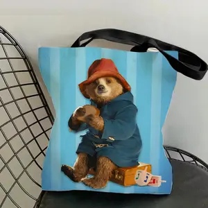 Cute P-Paddington Bear Storage Bags Canvas Double-Sided Print Black and White Tote Bag Large Capacity Shoulder Students Festive Fashion Eco Outdoor Picnic Travel High Quality Shopping Handbag Machine Washable Reusable Shopping Bags