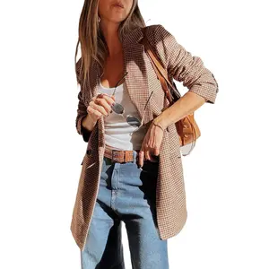 Elegant Brown Houndstooth Lapel Collar Blazer for Women