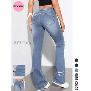 Flvsun - Women's flared pants low waist classic elastic flared pants denim flared pants mom jeans 90s low waist flared pantsRAIMENTRY