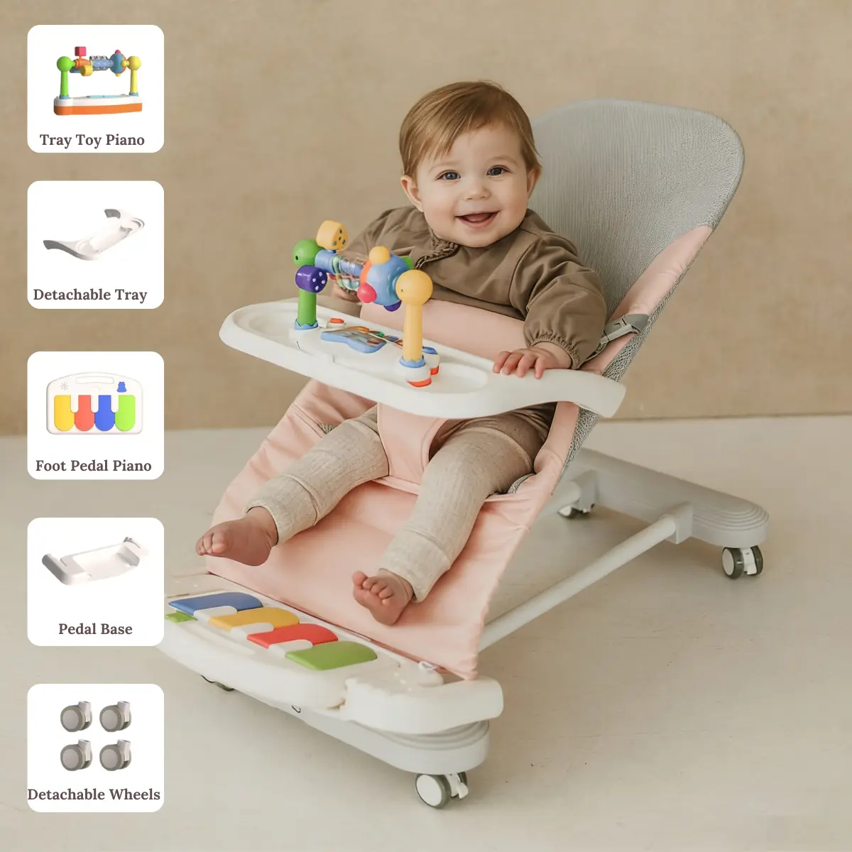 Cuddo Baby 4-in-1 Bouncer, Newborn to Toddler (0-12M) | Sensory Piano, Feeding Tray, Play Bar, Wheels | Pink, Breathable Mesh, 3-Level Recline Foldable Seat, Grow with Baby, Infant Gift Idea, Eating, Swing Seat, Parents, Portable, Unisex, Learning, Bounci
