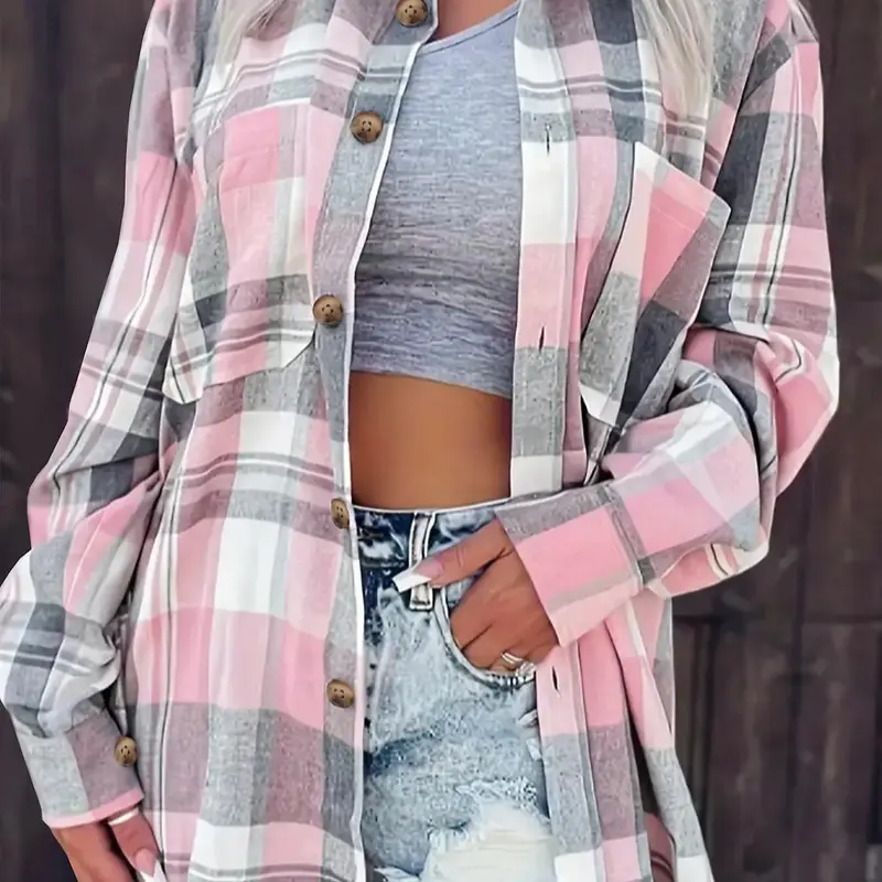 【Plus Size】 Plaid Print Button Front Shirt, Blouse, Casual Long Sleeve Pocket Collared Top for Fall & Winter, Women's Clothes for Daily Wear