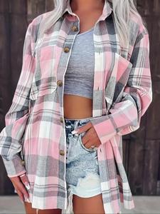 【plus size】 plaid print button front shirt, casual long sleeve pocket collared top for fall & winter, women's clothes for daily wear