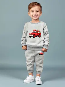 Boys' Christmas Cartoon Car Gift Set, Two-Piece Fitted Long Pants & Sweatshirt, Casual Regular Length for All Seasons
