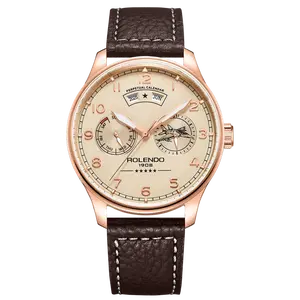 Men's Rose Gold Automatic Perpetual Calendar Watch, Vintage Champagne Cream Dial Year Month Day GMT 24H Dual Subdials Arabic Numerals Luminous Hands Brown Grain Leather Strap Classic Business Wrist Watch