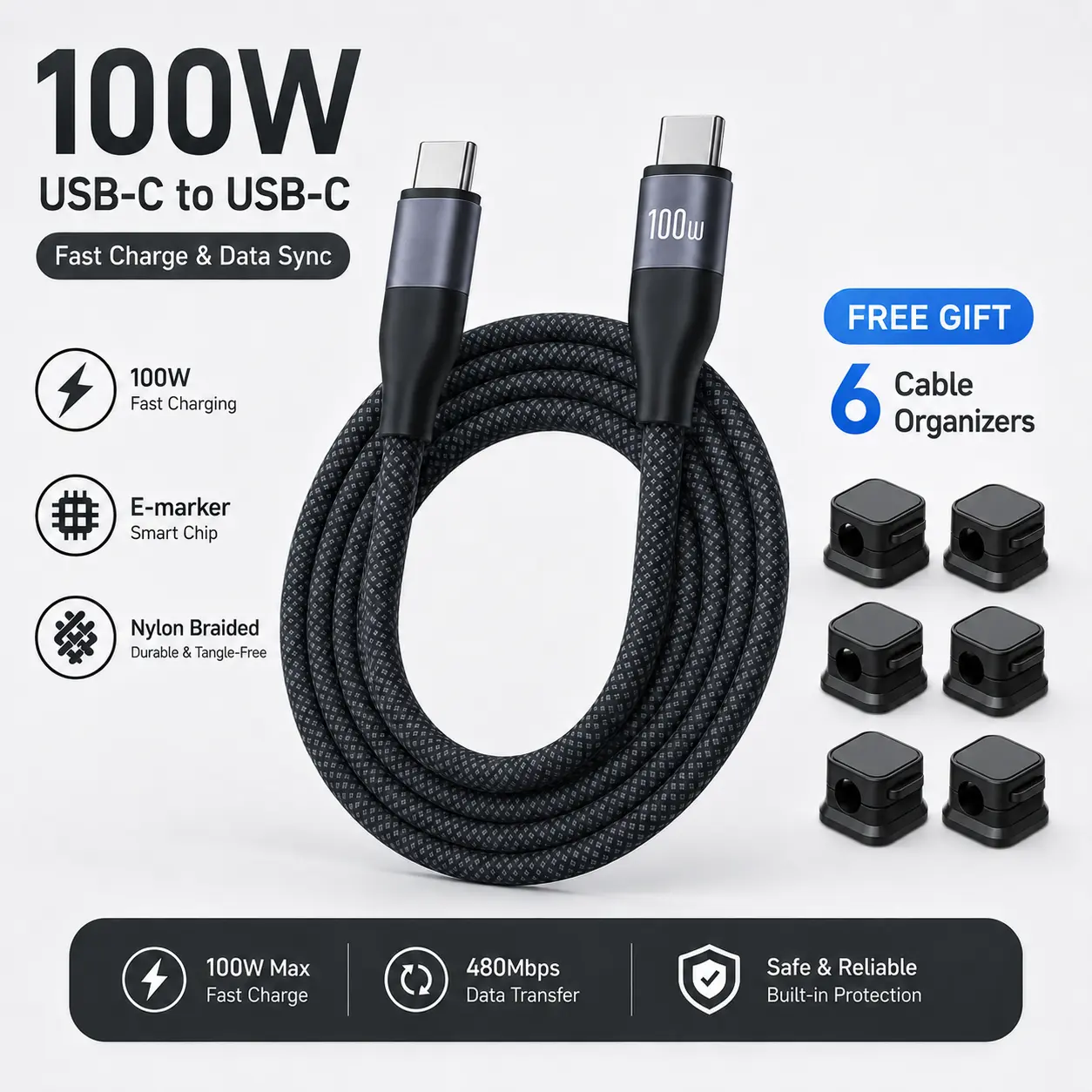 [FREE GIFT] 100W USB-C to USB-C Fast Charging Cable with 6 Pack Cable Organizers, Nylon Braided Type C Data Cord for MacBook iPhone iPad