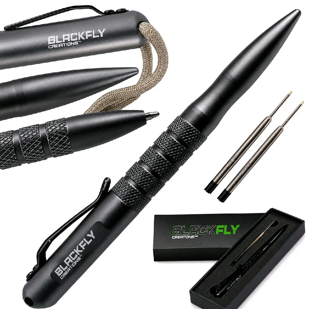 Black Fly Tactical Pen For Self Defense, EDC Kubaton Ballpoint Ink Pen, Tactical Gadgets For Every Day Carry, Spare Ink, Gift Box, Drilled For 550 Paracord Lanyard or Keychain, (Paracord not included) Compatible with Parker, Fisher, Hauser, Gel - GRAY