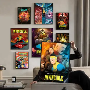 Invincible no Frame, Invincible Cartoon Self-adhesive Art Poster Fancy Wall Sticker for Living Room Bar Decoration Vintage Decorative Painting