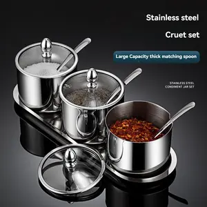 Stainless Steel Condiment Shaker Set with Lid & Spoon, Salt Pepper Spice Storage Jar, Coffee Sugar Tea Container, Kitchen Organizer, Salt Pepper Shakers